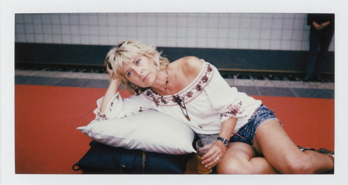 A engrossed Female From Brno Czech Republic, trained in alternative fashion styling in their 40, supporting aging parents, wearing a boho style off-shoulder peasant top and shorts, holding a cold drink in a red carpet event.