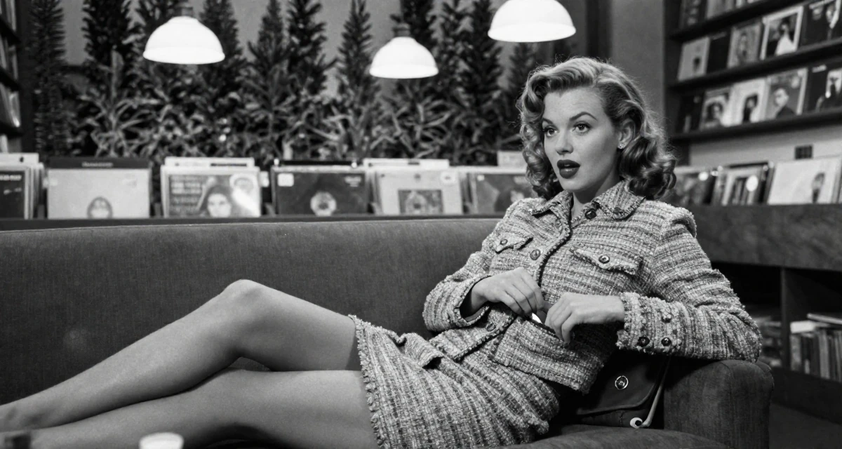 A surprised Female From Rotterdam Netherlands, majored in logistics management in their 25, starting to understand fan psychology, wearing a tweed mini skirt and a matching jacket, looking for something in a pocket in a vintage record store.