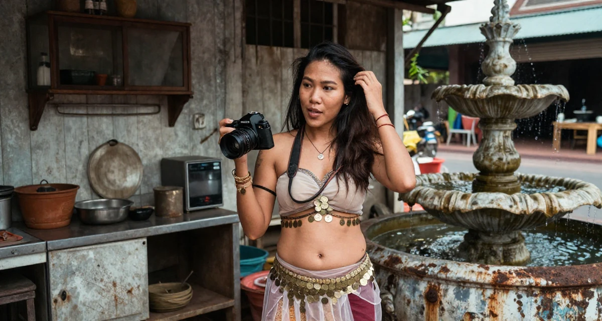 A lighthearted Female From Thailand, based in Chiang Mai, graduated from a regional college majoring in content production in their 48, confident public speaker and thought leader, wearing a belly dancer outfit with sheer fabrics and coins, holding a camera in a rustic kitchen.