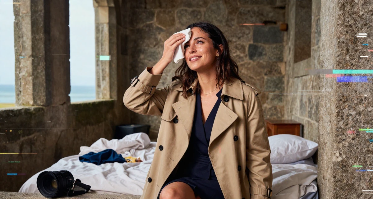 A warm and welcoming Female From Portugal, based in Porto, graduated from a polytechnic majoring in visual media in their 34, creating content about pet care and training, wearing a classic trench coat worn over a business dress, wiping sweat from the brow in a ancient stone ruins.