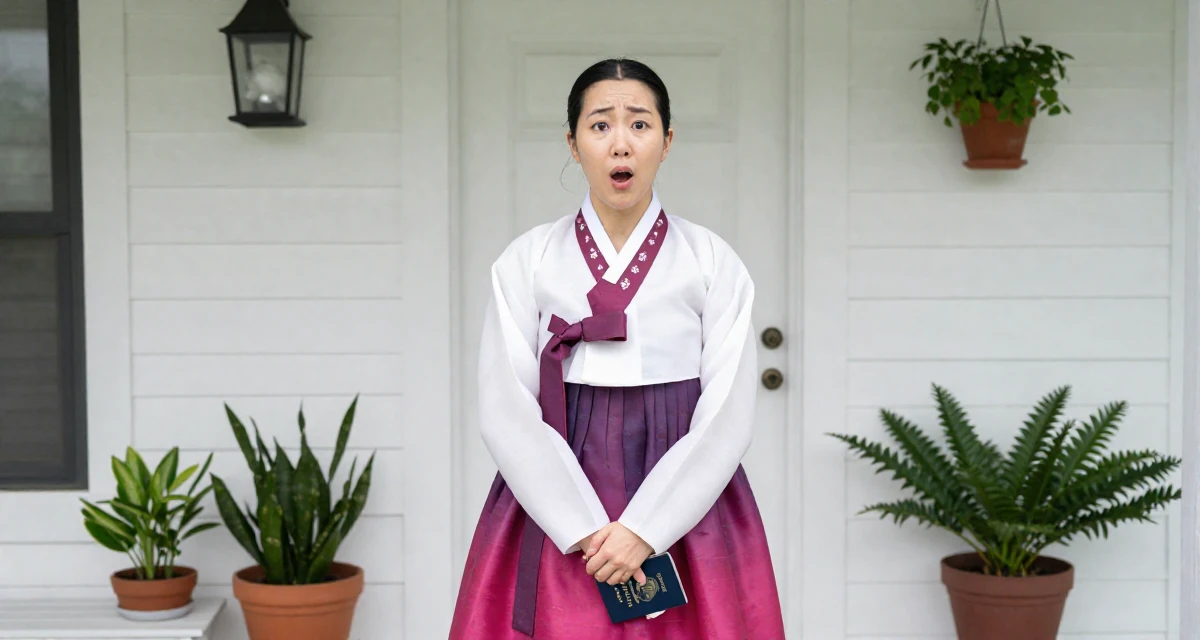 A wild Female From Chicago USA, holds a degree in communications in their 29, carrying invisible pressure to stay relevant, wearing a traditional hanbok modified for a modern look, holding a passport in a front porch.