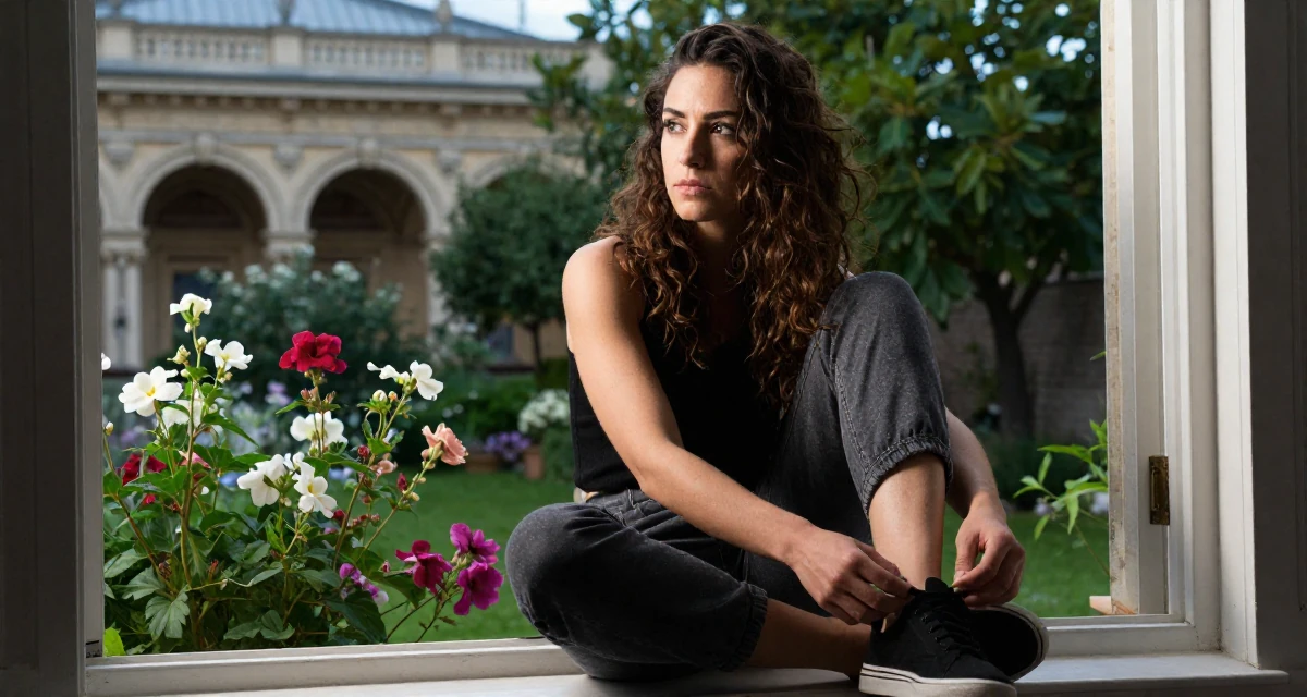 A ambitious Female Born in Greece, majored in content creation & storytelling in their 32, looking at the world with a cynical edge, wearing a refined casual Friday look, tying a shoelace in a backyard garden.