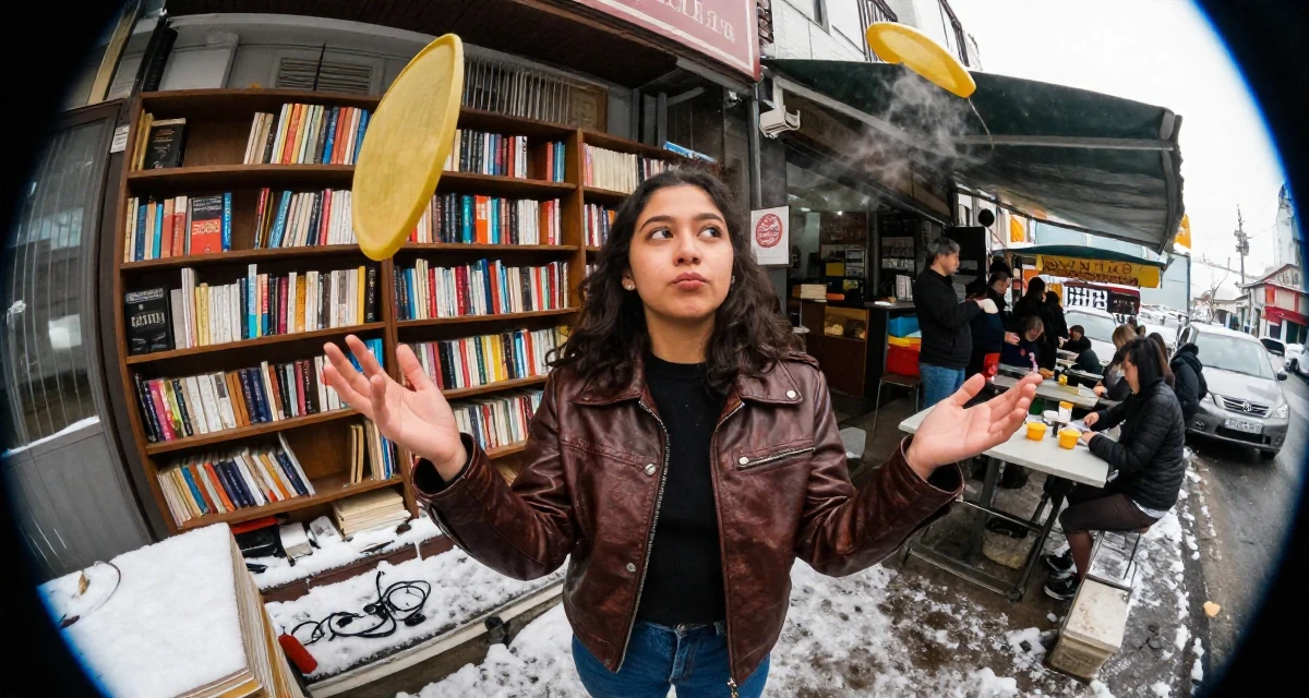 A relieved Female From Philippines, studied nursing before switching careers in their 26, juggling real-life chaos with online expectations, wearing a vintage-inspired leather jacket look, kicking up dust playfully in a vintage bookstore.