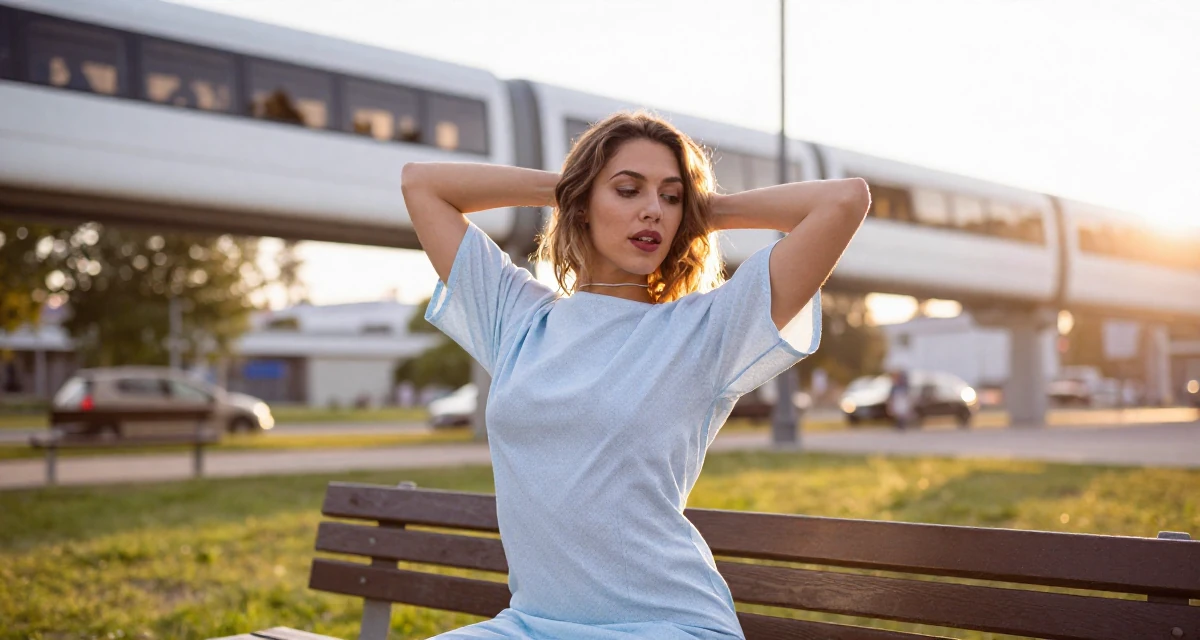 A vibrant Female From Oslo Norway, learned sensual choreography through contemporary dance in their 24, exploring opportunities for self-expression, wearing a hospital patient gown tailored to be form-fitting, adjusting a collar in a park bench.