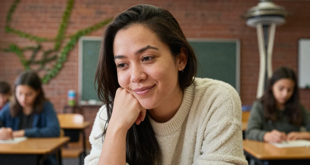 A smiling gently Female Once a barista, now a full-time creator leaning into aesthetic storytelling in their 35, creating plant-based recipes for families, wearing a cozy fleece pullover, gripping a lapel in a classroom setting.