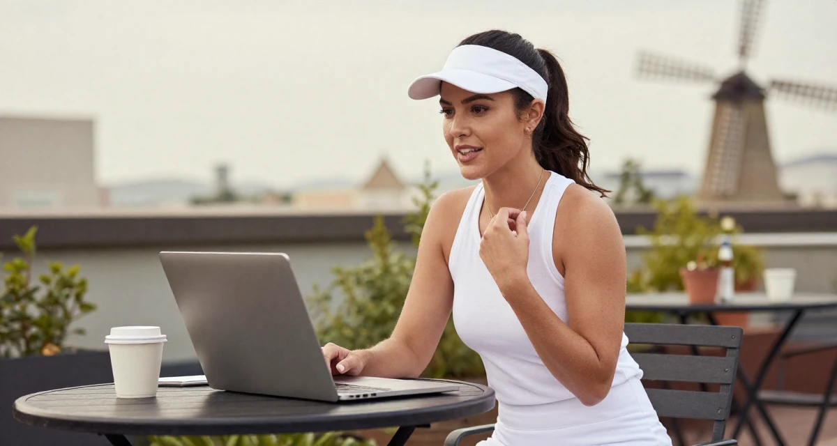 A triumphant Female Once a high-school English tutor, now exploring sensual storytelling in their 30, carrying the weight of years of hustling online, wearing a tennis player outfit with a visor and white skirt, touching a necklace in a rooftop garden.