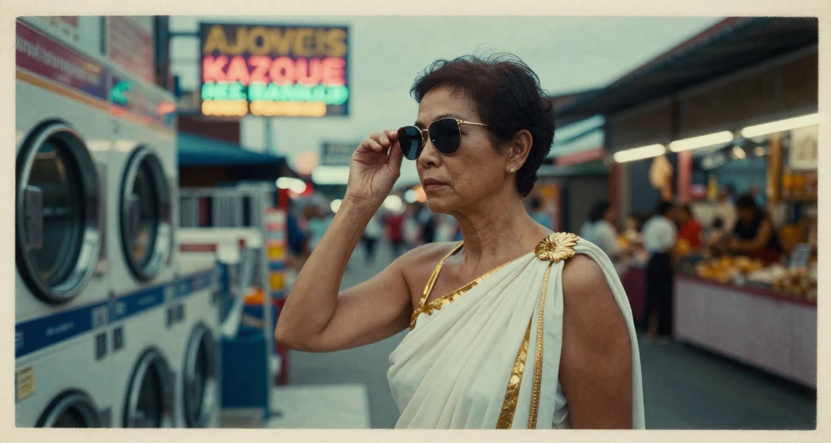 A fragile Female From Malaysia, based in Penang, graduated from a private university majoring in digital media in their 46, wellness advocate for women over 40, wearing a greek goddess toga with gold leaf accessories, lowering sunglasses to look out in a laundromat with neon signs.