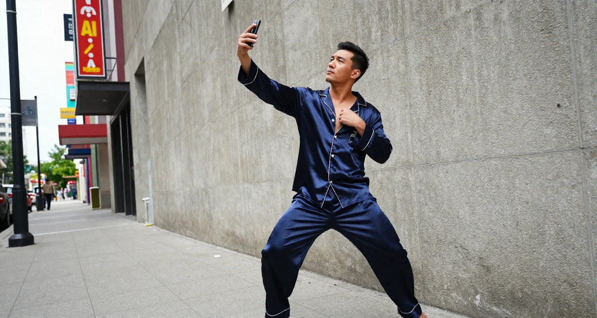 A dazed male Former security guard, now a bold confidence-themed creator in their 47, preparing for the empty nest phase, wearing a satin pajamas set with the top unbuttoned, snapping a photo with a phone in a city sidewalk.