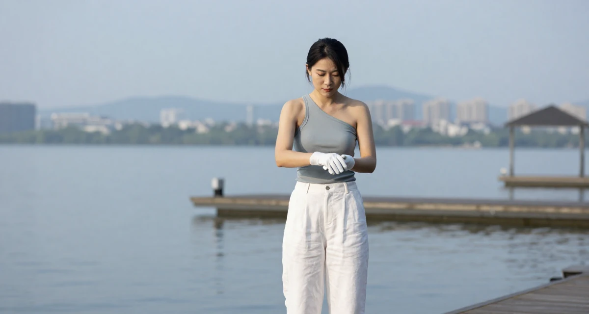A lighthearted Female Once a junior bar worker, now a nightlife-themed creator in their 34, taking care of pets and household, wearing a one-shoulder fitted top and white linen trousers, putting on a glove in a lakeside dock.