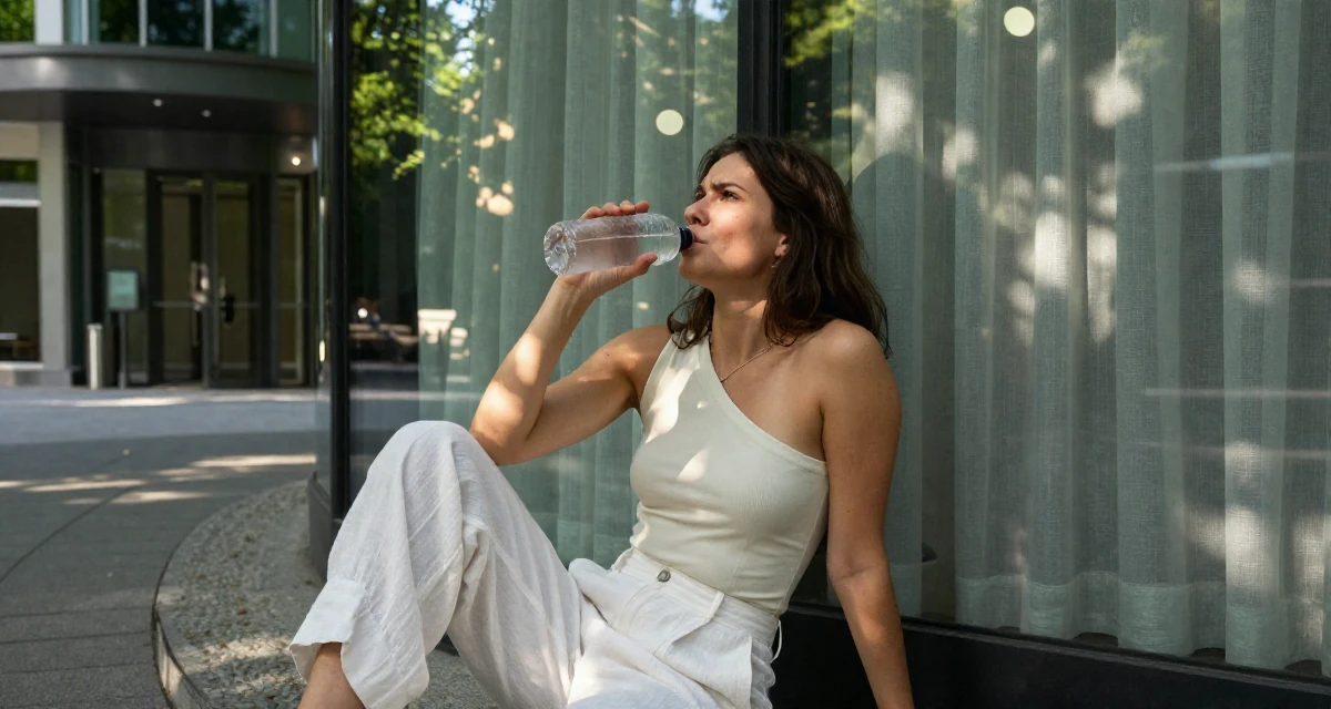A confused Female From Austria, majored in music theory in their 28, investing in high-quality lifestyle upgrades, wearing a one-shoulder fitted top and white linen trousers, drinking from a water bottle in a pedestrian plaza.
