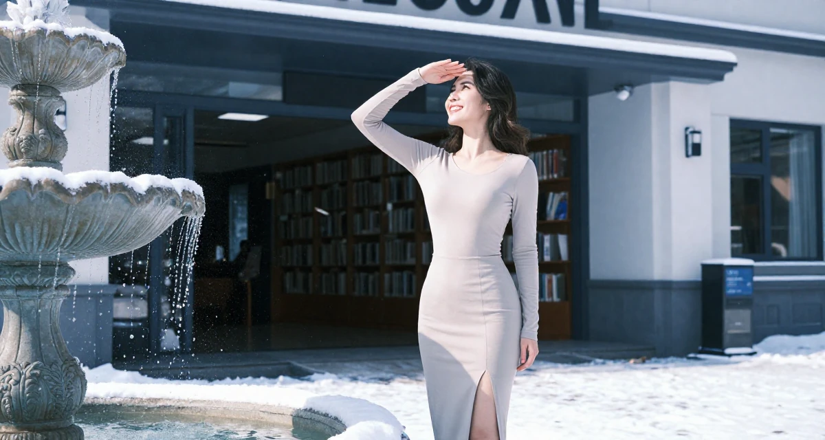 A upbeat Female Born overseas, studied communication studies in their 34, exploring the world of digital art and NFTs, wearing a tight long-sleeve bodysuit and a slit midi skirt, shading eyes from the sun in a cinema entrance.