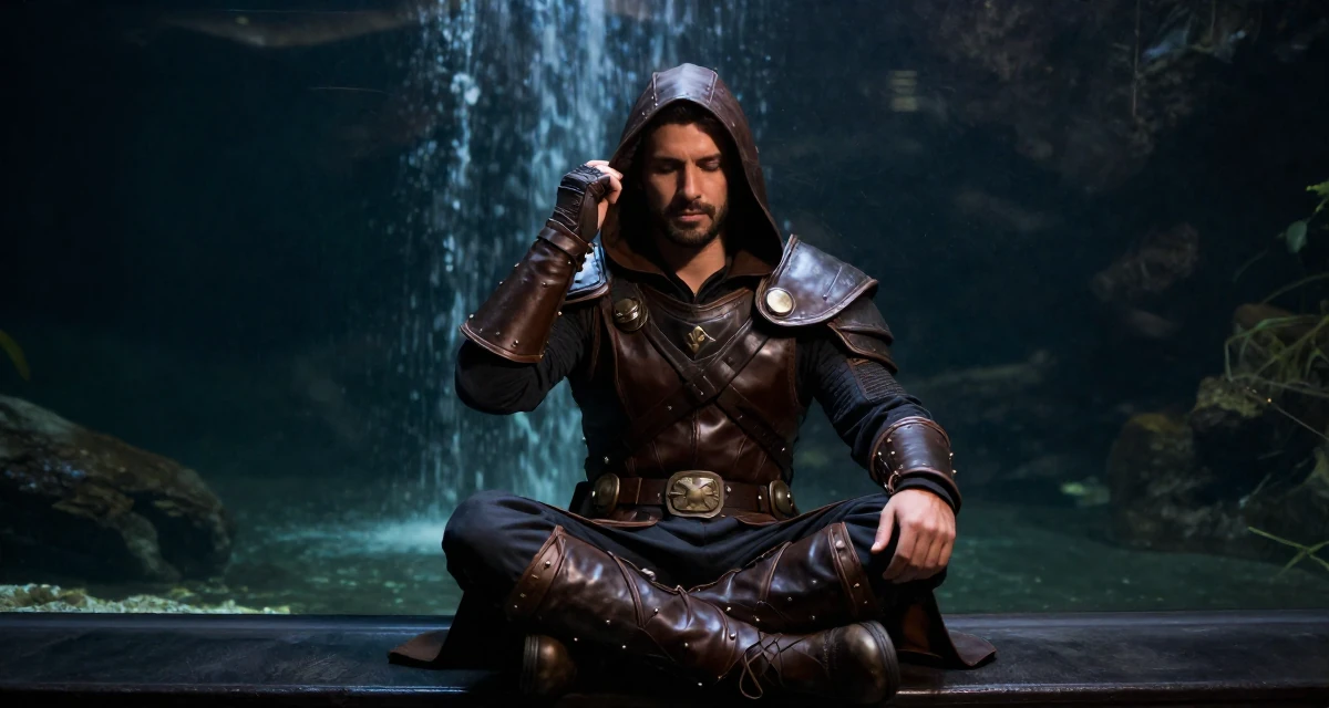 A solemn but kind male From Brazil, based in Curitiba, graduated from a regional college majoring in advertising design in their 25, adopting healthier routines for career growth, wearing a fantasy rogue leather armor with a hood, tucking hair behind an ear in a aquarium tunnel.