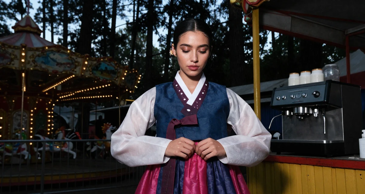 A quiet Female From Guadalajara Mexico, trained in swimsuit modeling and runway posing in their 23, embracing sultry glam aesthetics as signature style, wearing a traditional hanbok modified for a modern look, buttoning up a jacket in a carnival with rides.