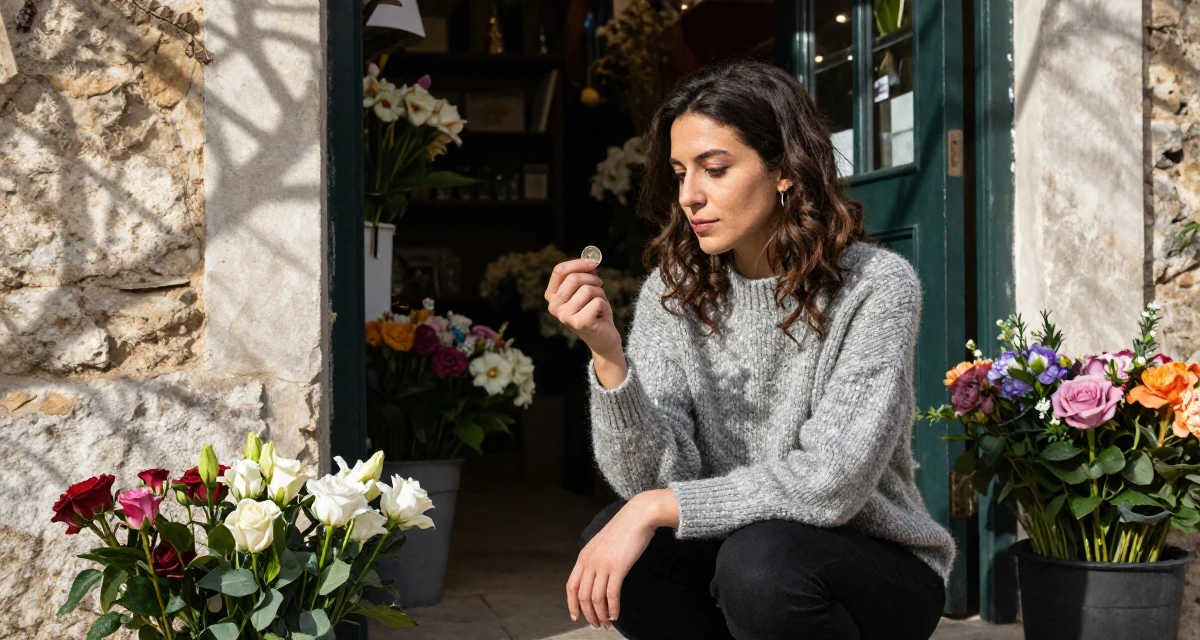 A harmonious Female From Turkey, has a degree in tourism management in their 23, balancing sensual creativity with school deadlines, wearing a textured wool sweater, flipping a coin in a flower shop entrance.
