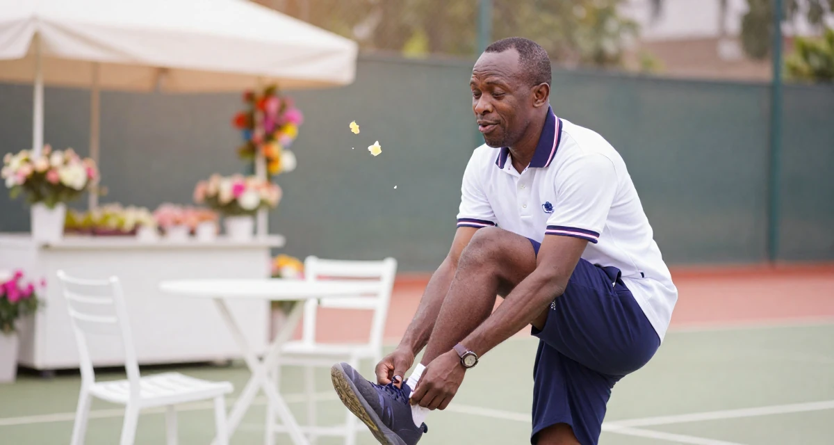A playful male From Burundi, studied business accounting in their 40, prioritizing longevity and functional fitness, wearing a classic collegiate style, catching a falling flower petal in a tennis court.