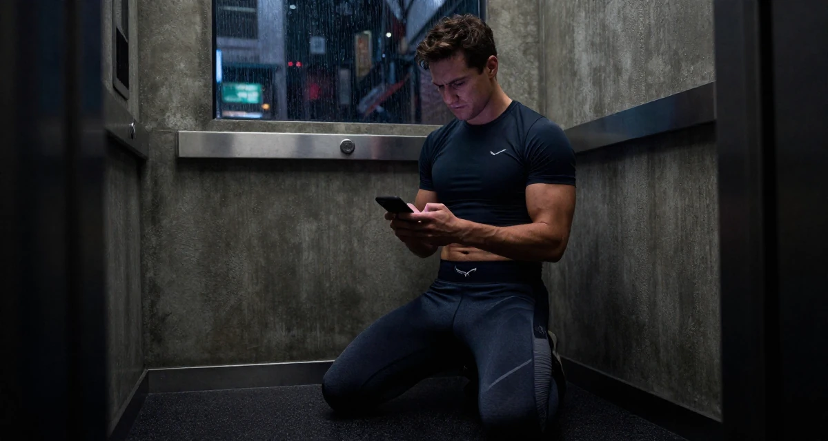 A cynical male From Canada, has a diploma in graphic design in their 25, identifying strengths and weaknesses, wearing a gym shark style seamless leggings and matching crop top, checking a phone in a elevator hall.