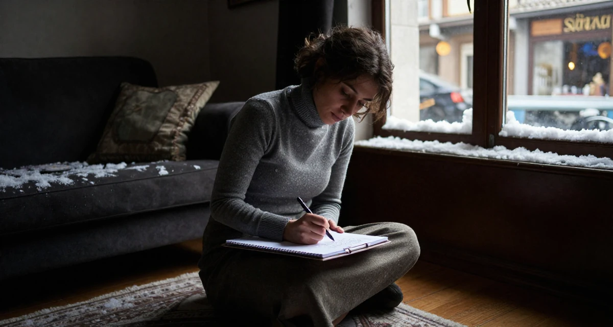A nostalgic Female From Istanbul Türkiye, studied interior design in their 49, preparing for a spiritual pilgrimage, wearing a fitted turtleneck and skirt, sketching on a pad in a sunlit living room.