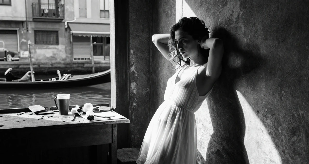 A mysterious Female From Barcelona Spain, majored in audiovisual production in their 22, romanticizing the struggle of city living, wearing a semi-sheer white sundress backlit by the sun, tucking hair behind an ear in a barn interior.