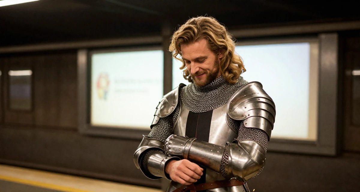 A witty male From Belgium, has a degree in international law in their 38, handling long working hours with discipline, wearing a female knight armor with a tabard and chainmail, adjusting sleeves in a subway platform.