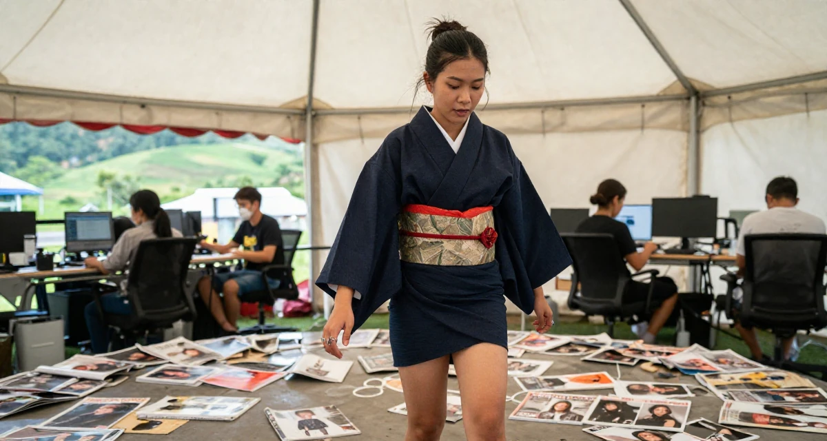 A content Female From Thailand, based in Chiang Mai, graduated from a regional college majoring in content production in their 22, adjusting to the 9-to-5 routine after college, wearing a shrine maiden outfit with a short hakama skirt, playing with a ring in a circus tent interior.