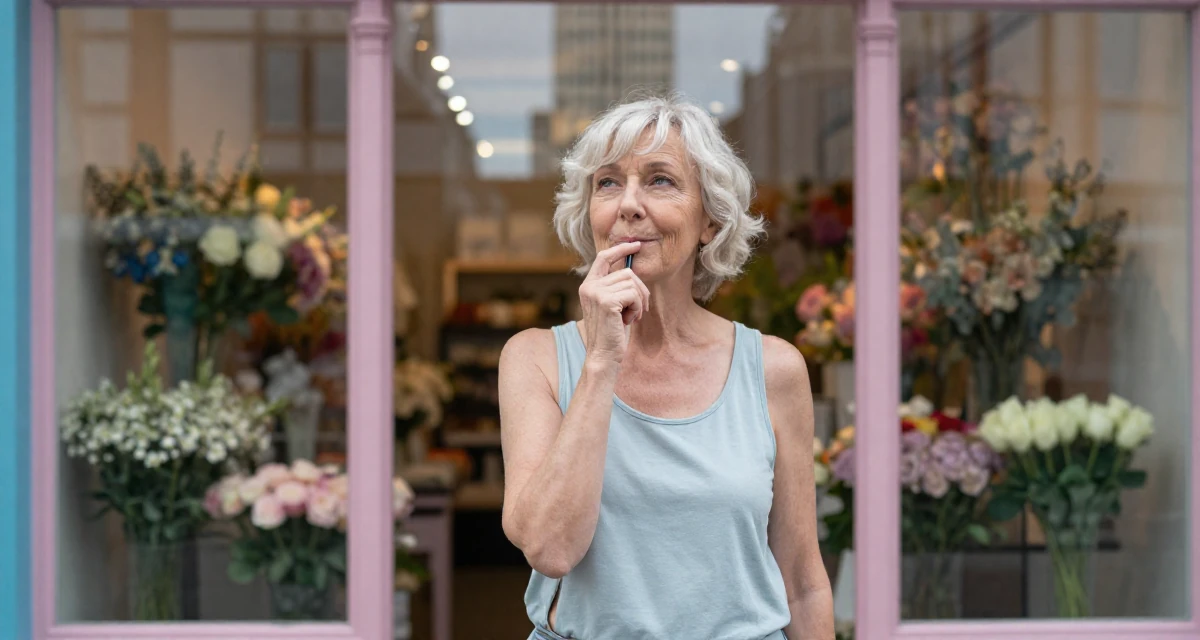 A serene Female From Ireland, majored in creative media production in their 46, celebrating the confidence that comes with age, wearing a loose tank top with deep side cuts, chewing on a pen thoughtlessly in a flower shop.
