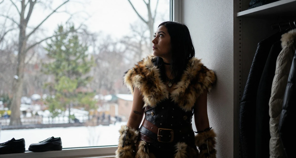 A distracted Female Once a junior bar worker, now a nightlife-themed creator in their 25, trying to build an aesthetic that feels authentic, wearing a barbarian warrior outfit with faux fur and leather, gazing at the sky in a walk-in closet.