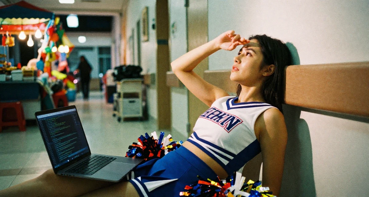 A expectant Female Previously a stay-at-home mom, now monetizing relatable lifestyle content in their 23, discovering the allure of slow, controlled movement, wearing a cheerleader uniform with a cropped top and pom-poms, shading eyes from the sun in a hospital corridor.