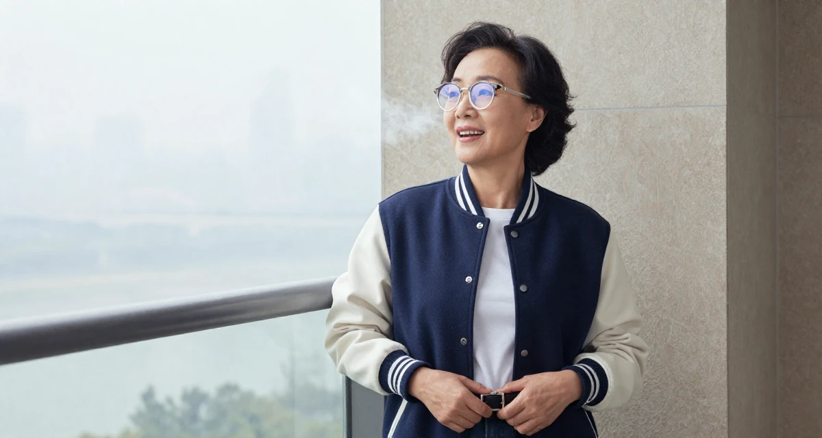 A passionate Female From Chongqing China, holds a degree in psychology in their 46, celebrating the confidence that comes with age, wearing a casual varsity jacket look, adjusting a belt in a luxury penthouse balcony.