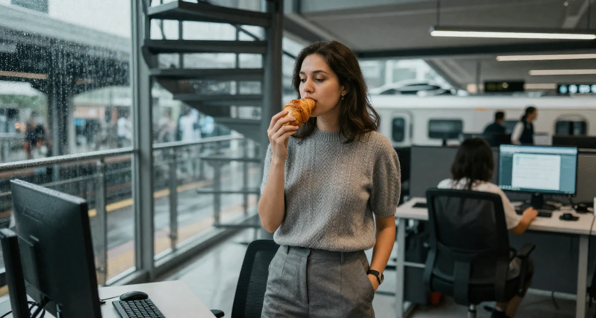 A placid Female From Kuala Lumpur Malaysia, self-taught content creator specializing in color grading in their 22, adapting to the shift from school to full-time work, wearing a short sleeve cashmere sweater and a skirt, eating a croissant in a cybernetic computer lab.
