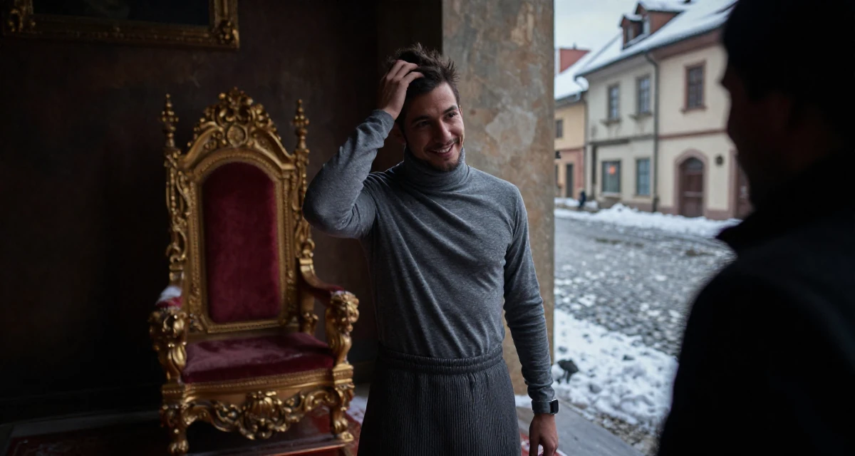 A resilient male From Venezuela, majored in public administration in their 28, recovering from a failed startup, wearing a fitted turtleneck and skirt, smiling at a stranger in a royal palace throne room.