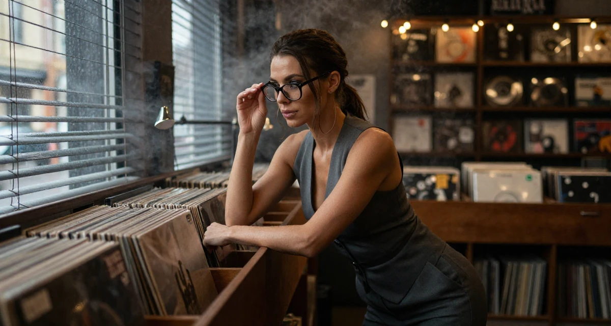 A seductive Female From Gothenburg Sweden, trained in athletic movement and strength flow in their 25, balancing sexiness with professionalism, wearing a fitted vest top worn without a shirt underneath and slacks, pushing glasses up the nose in a vintage record store.