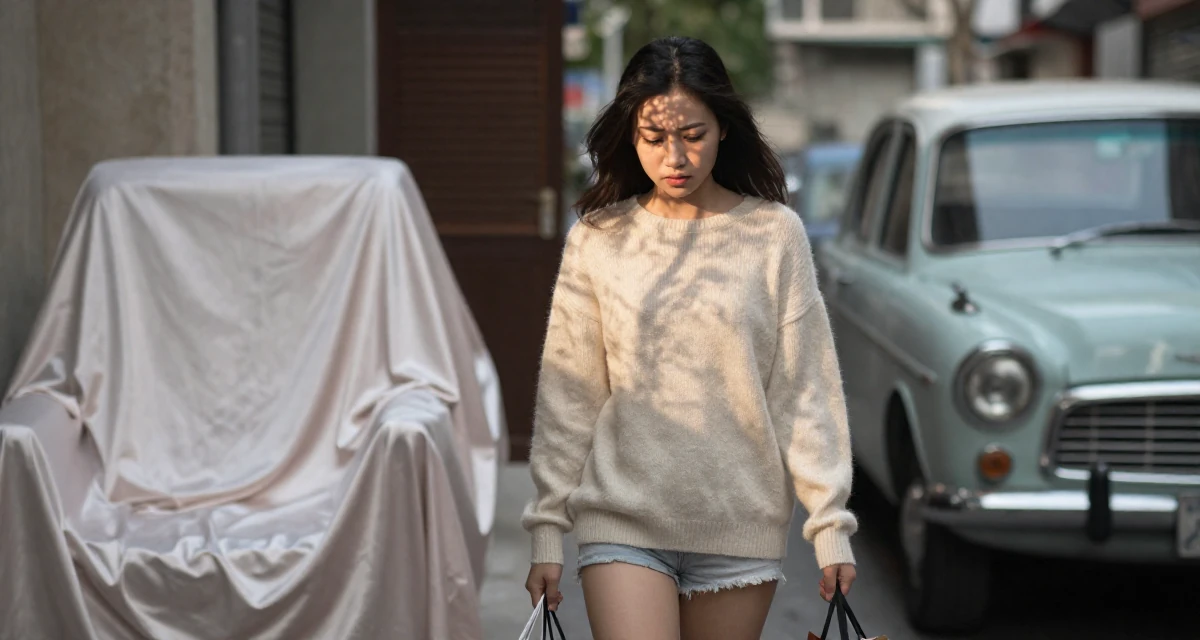 A bashful Female From Ho Chi Minh City Vietnam, studied creative media and personal branding in their 22, worrying about real-life friends discovering the account, wearing a soft cashmere sweater worn with nothing visible underneath, holding a shopping bag in a quiet alleyway.