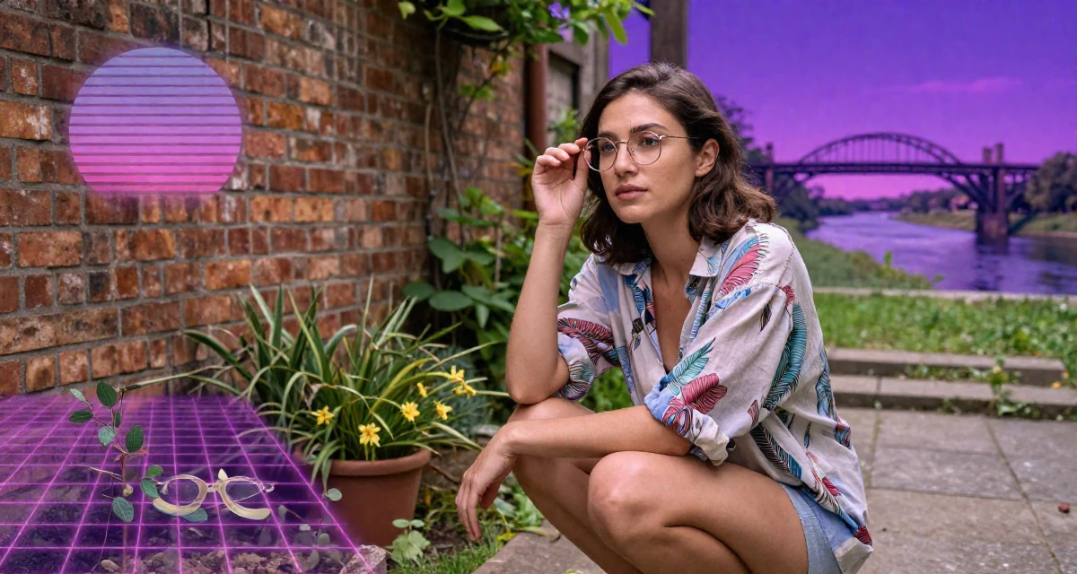 A poised Female Once a kindergarten helper, now producing warm lifestyle aesthetics in their 22, facing creative blocks during busy weeks, wearing a relaxed vacation shirt, adjusting glasses in a backyard garden.