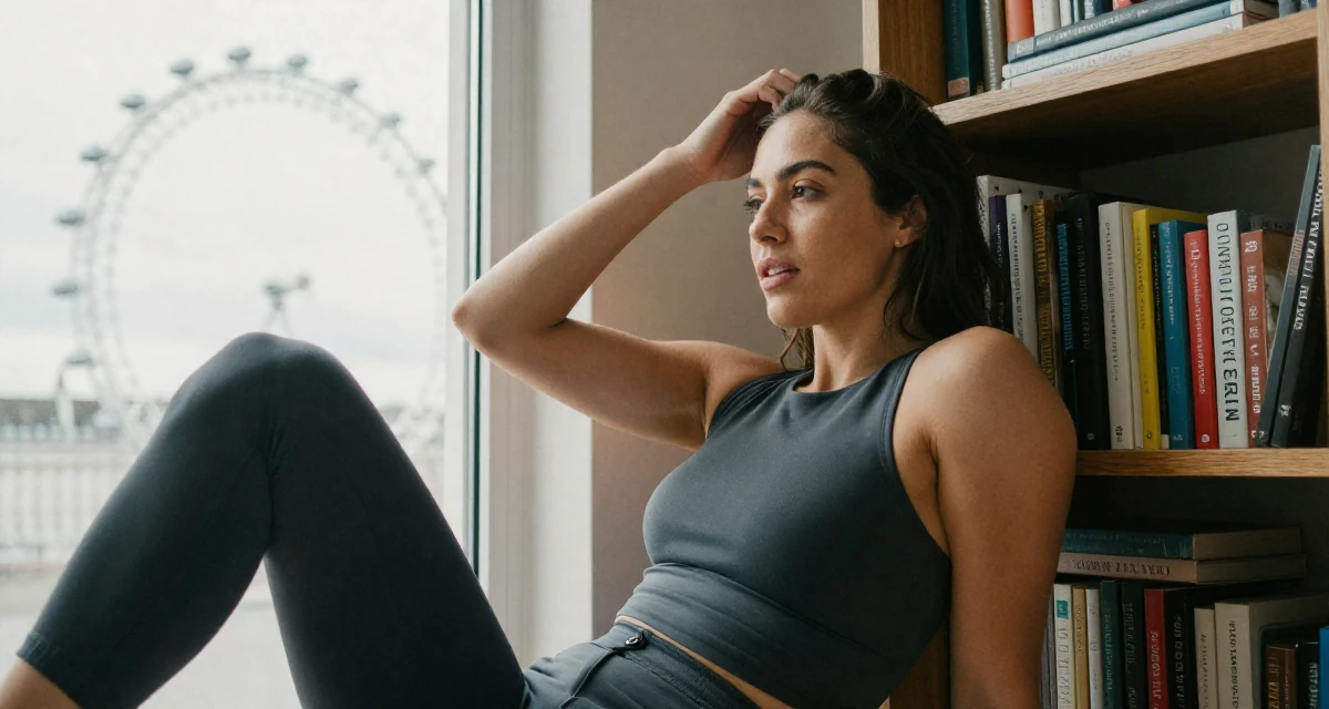 A inspired Female From Johannesburg South Africa, explored fitness lifestyle content in their 25, letting go of the need to please everyone, wearing a fitted vest top worn without a shirt underneath and slacks, scratching a head lightly in a home interior.