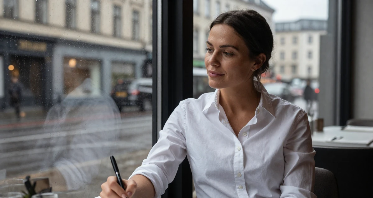 A quietly content Female From Sweden, trained in interior architecture in their 25, radiating an elegant and poised vibe, wearing a crisp button-up with rolled sleeves, holding a pen poised to write in a high-end restaurant.