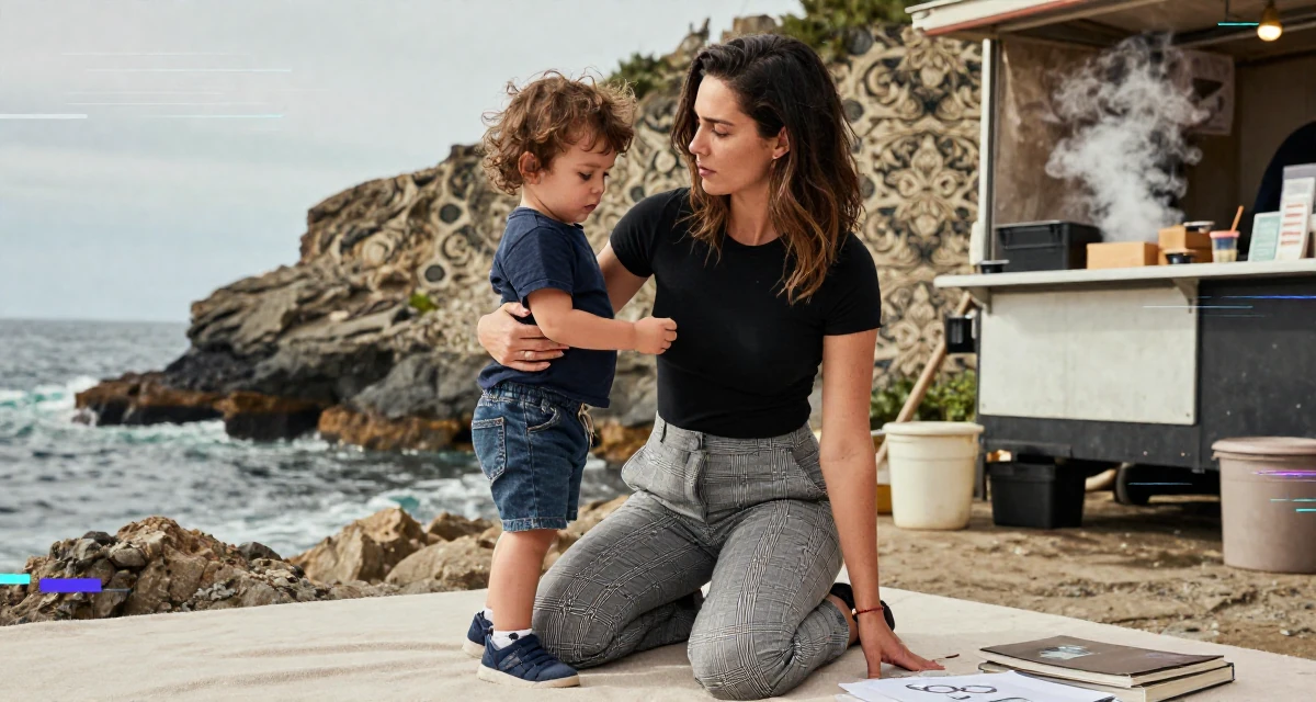 A enigmatic Female Once a high-school English tutor, now exploring sensual storytelling in their 35, raising a toddler while building a business, wearing a grey plaid trousers and a fitted black tee, picking something up in a rocky ocean cliff.