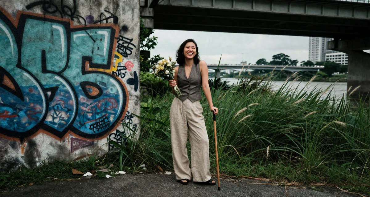 A victorious Female From Singapore, based in Jurong, graduated from a polytechnic majoring in aesthetic marketing in their 24, prioritizing mental health over grinding, wearing a sleeveless vest top and wide-leg linen pants, holding a bouquet in a graffiti art wall.