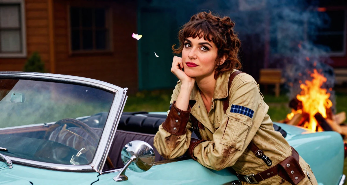 A cheeky Female Once a junior photographer, now the subject of her own shoots in their 22, building early digital portfolios, wearing a steampunk mechanic jumpsuit with grease stains, catching a falling flower petal in a vintage convertible car.