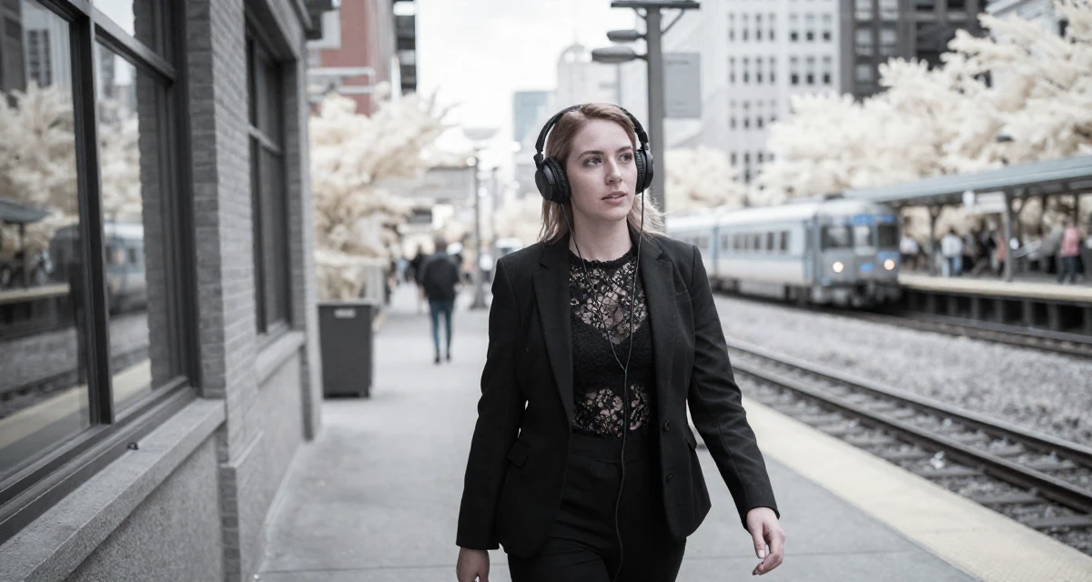 A observant Female From Chicago USA, practiced nightlife photography storytelling in their 25, pretending confidence while filming take after take, wearing a black lace top under a business suit, listening to music with headphones in a city sidewalk.