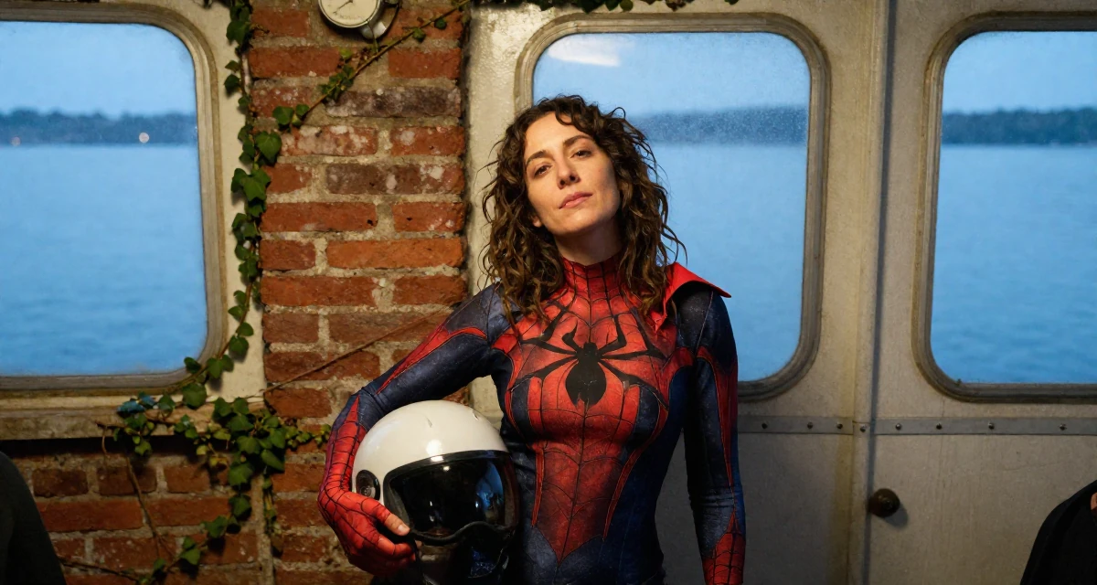 A unbothered Female From Barcelona Spain, majored in audiovisual production in their 49, focusing on spiritual growth and grounding, wearing a spider-themed villainess suit, holding a helmet in a ferry deck.