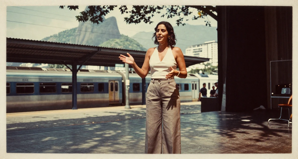 A reflective Female From Rio de Janeiro Brazil, learned fitness aesthetics through beach culture in their 31, sharing the reality of post-partum recovery, wearing a halter neck top and wide-leg office trousers, gesturing while talking in a theater stage.