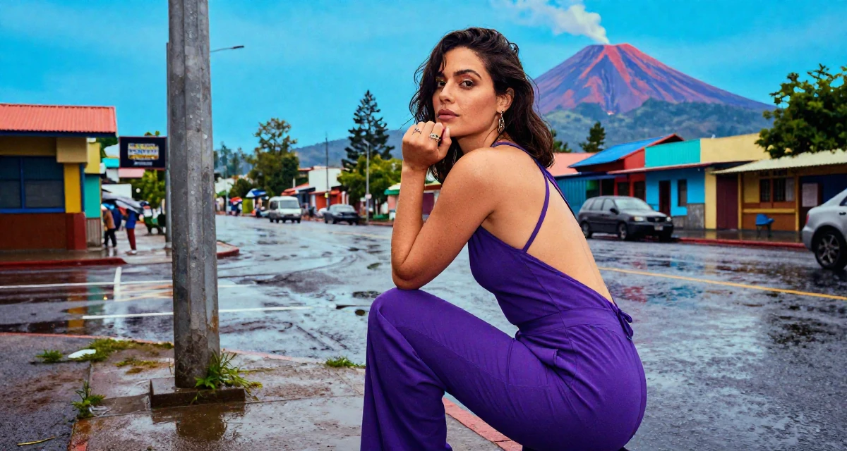 A reflective Female Once a bookstore clerk, now offering cozy aesthetic subscription content in their 27, accepting that success requires endless reinvention, wearing a fitted jumpsuit with an open back design, playing with a ring in a rainy street corner.