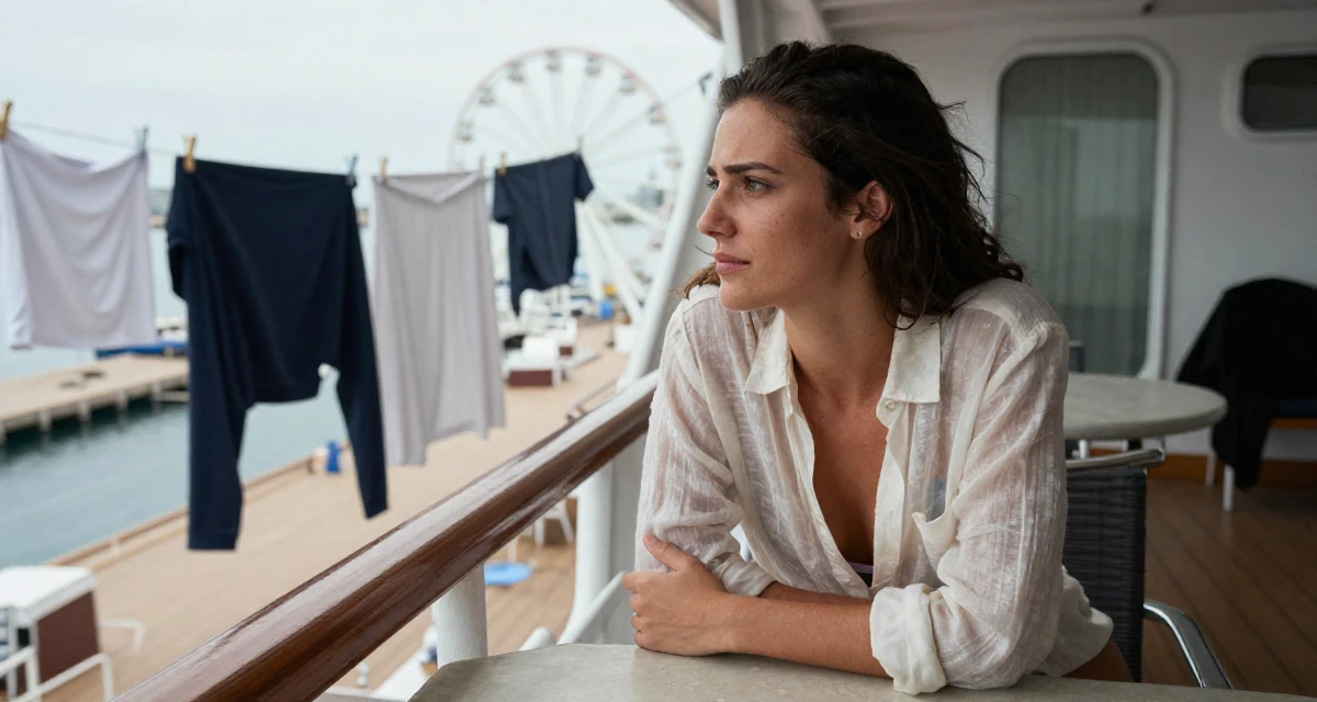 A troubled Female From Spain, based in Barcelona, graduated from a fashion institute majoring in body styling in their 25, pretending confidence while filming take after take, wearing a translucent linen shirt worn over a swimsuit, looking out the window in a cruise ship deck.