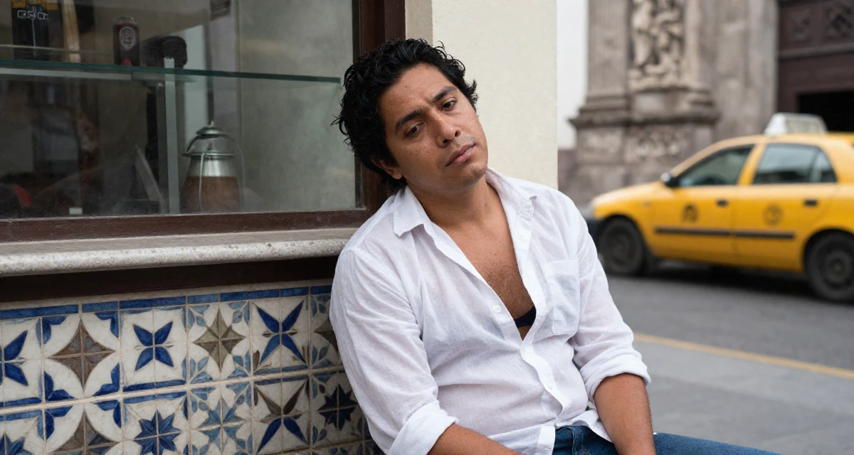 A nostalgic male From Mexico, studied cultural studies in their 30, accepting that ambition doesn’t erase exhaustion, wearing a translucent white blouse and a dark bra underneath, waiting for a taxi in a bakery counter.