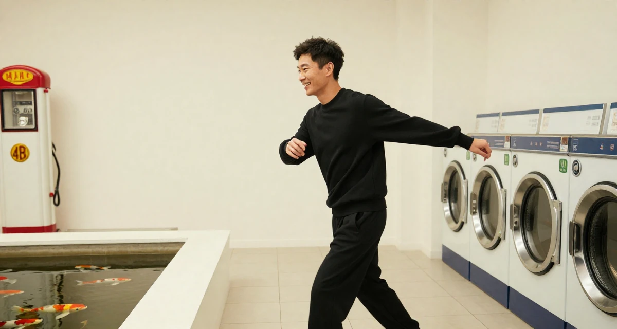 A determined male From Shanghai China, grew up studying dance and digital arts in their 39, reflecting on a decade of professional growth, wearing a urban minimalist silhouette, laughing softly in a laundromat.