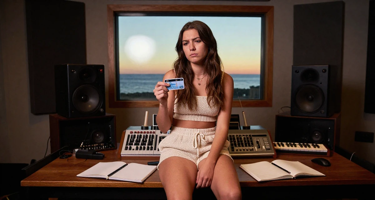 A dazed Female From USA, studied political science in DC in their 24, handling the transition from student to adult identity, wearing a knitted loungewear shorts and a matching tiny top, holding a subway card in a music studio.