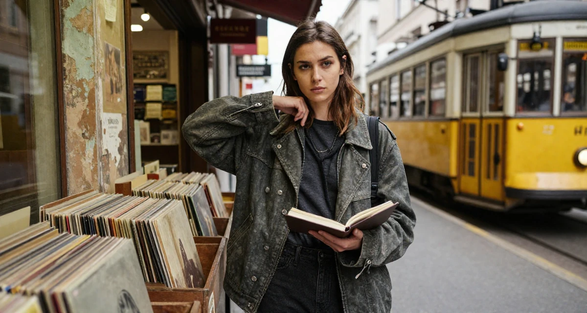 A stoic Female From Milan Italy, trained in fashion-editorial posing in their 22, balancing personal dating life with creator identity, wearing a modern grunge aesthetic, holding a notebook in a vintage record store.