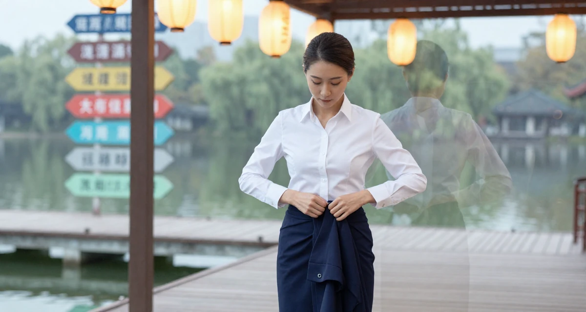 A thoughtfully silent Female Former receptionist at a spa, now blending wellness with creator content in their 28, mastering the art of work-life boundaries, wearing a asymmetrical hem skirt and a crisp white shirt, buttoning a jacket in a lakeside dock.