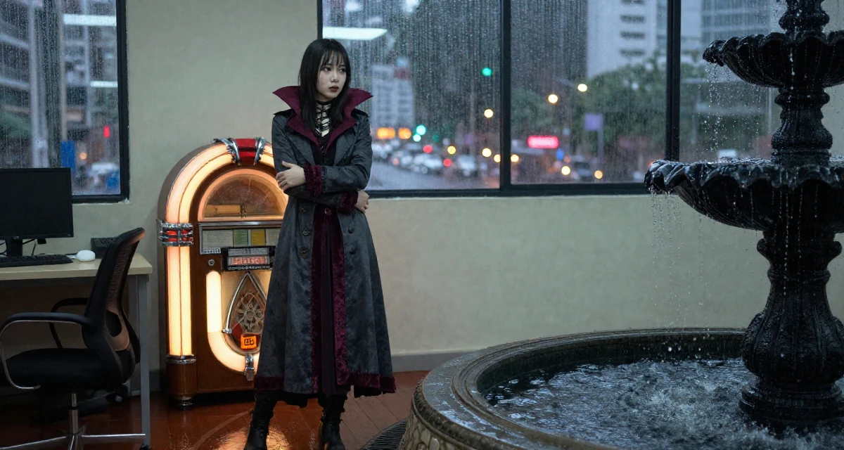 A dreaming Female From Vietnam, based in Nha Trang, graduated from a media school majoring in soft-romantic content direction in their 28, facing that growth sometimes plateaus for months, wearing a gothic vampire hunter outfit with a long coat, stepping onto a curb in a office workspace.