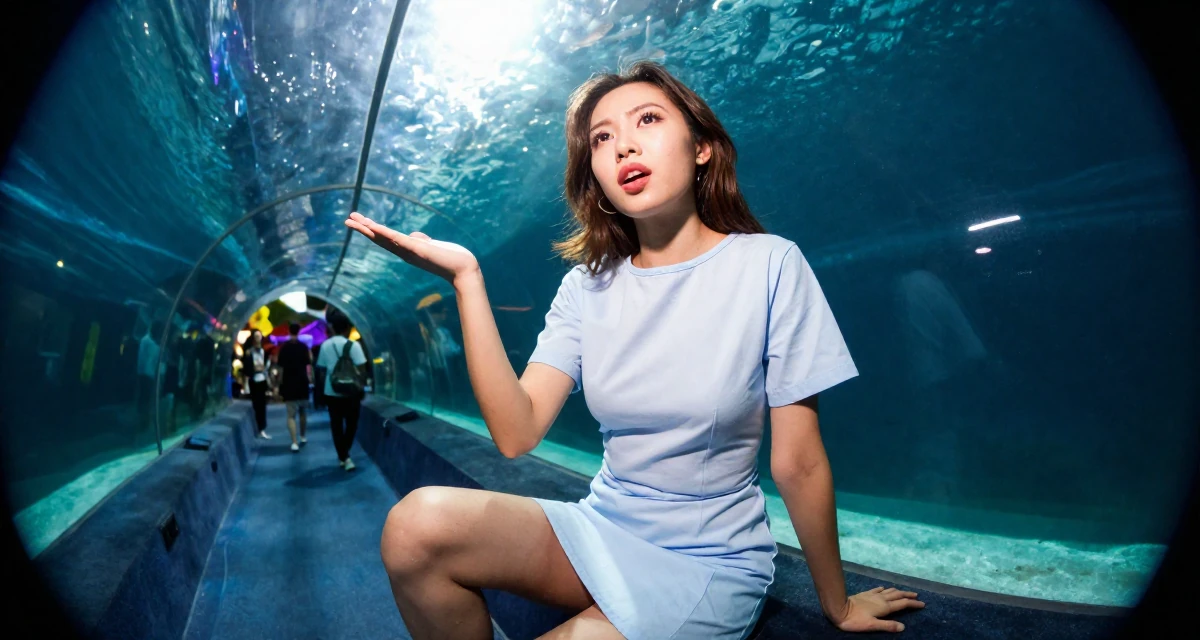 A determined Female From Vietnam, based in Da Nang, graduated from a local university majoring in e-commerce in their 20, exploring identity through bold fashion choices, wearing a hospital patient gown tailored to be form-fitting, gesturing while talking in a aquarium tunnel.